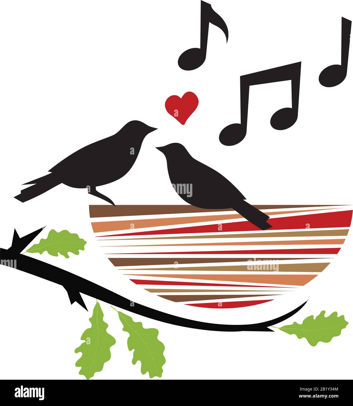 oiseaux, nid, coeur rouge et notes musicales Illustration de Vecteur