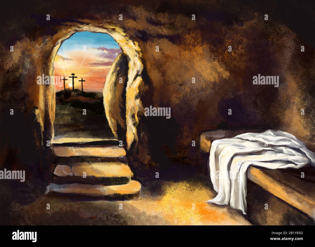 Pâques Jésus Christ est passé des morts. Dimanche matin. Aube. Le tombeau vide à l'arrière-plan de la crucifixion. Joyeuses pâques. Symbole chrétien de f Banque D'Images