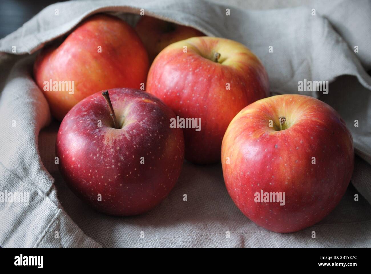 Vue rapprochée du groupe de pommes jaunes/rouges bio naturelles fraîches et colorées avec sac de couleur neutre en lin Banque D'Images