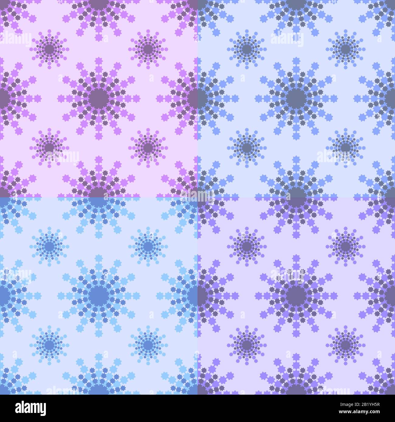 Ensemble de motifs sans couture de flocons de neige de différentes couleurs sur un fond rose, bleu, violet Illustration de Vecteur