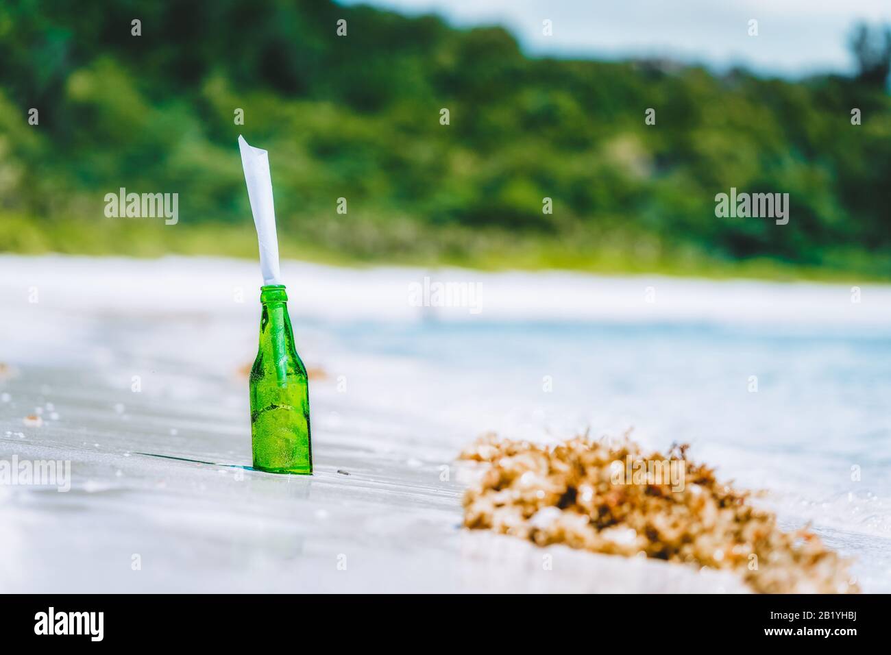 Bouteille avec message sur la plage de sable de paradis blanc avec jungle floue en arrière-plan conceptuel Banque D'Images