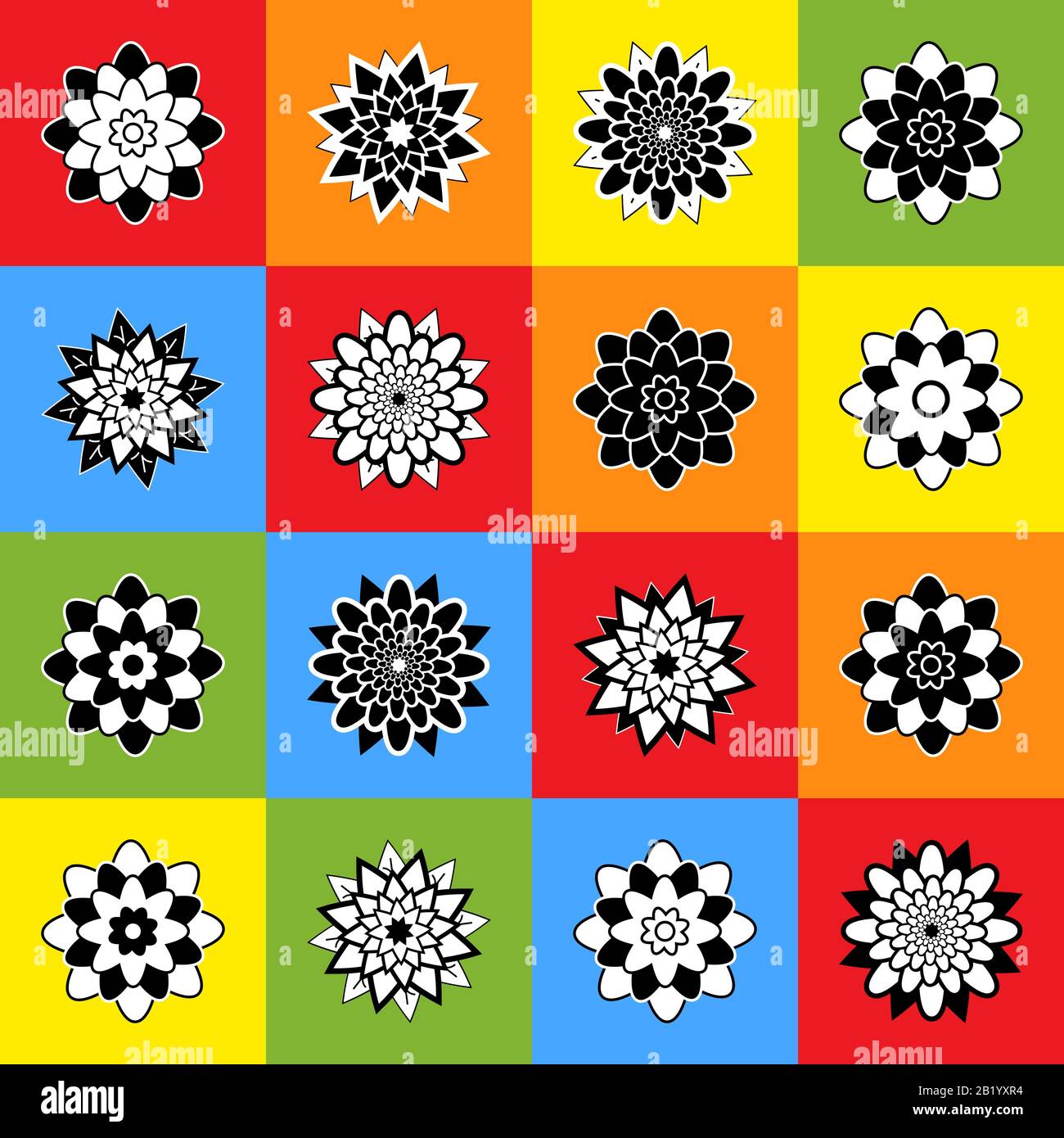 Un ensemble de seize fleurs noires et blanches abstraites sur des carrés colorés Illustration de Vecteur