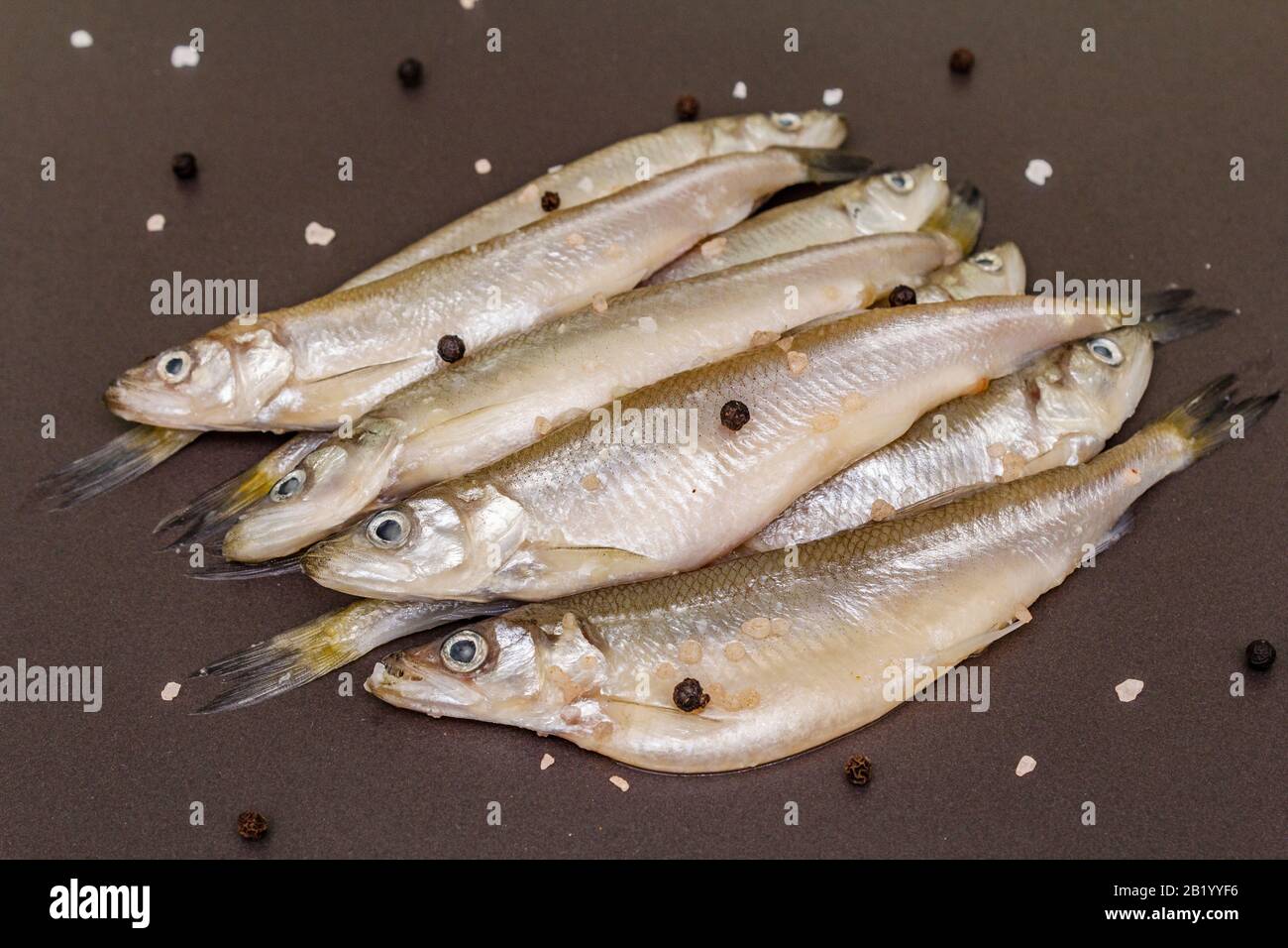 Poisson marin cru éperlan, sardines, anchois, capelan avec l'odeur du concombre frais prêt à cuisiner. Concept de fruits de mer sains. Sel et poivre sur noir Banque D'Images