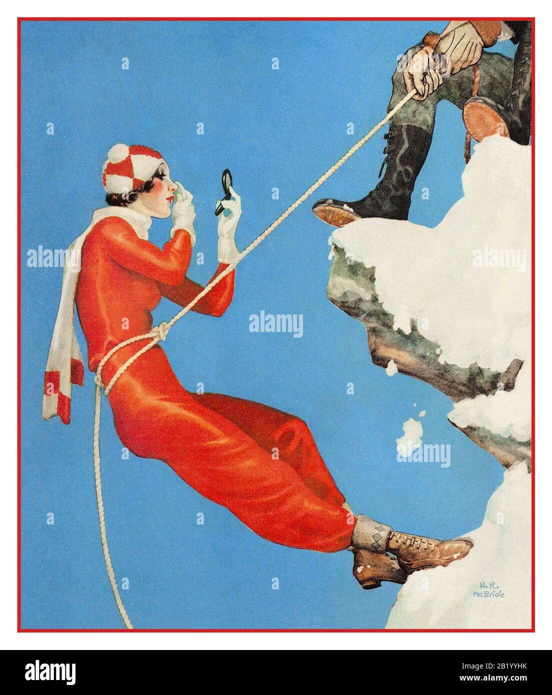1932 Liberty Magazine Front Cover avec une femme élégante alpiniste retouches son take-up sur une montée en montagne. Liberty était un magazine hebdomadaire d'intérêt général, à l'origine à cinq cents et sous-titré, 'A Weekly for Everybody.' Il a été lancé en 1924 par McCormick-Patterson, l'éditeur jusqu'en 1931, quand il a été repris par Bernarr Macfadden jusqu'en 1941. À une fois, on a dit qu'il s'agissait du « deuxième plus grand magazine en Amérique », Banque D'Images
