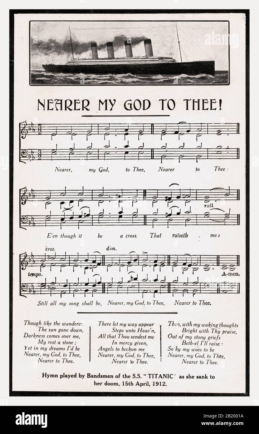 TITANIC Vintage Historique carte commémorative de l'hymne «Near My God to thee» en mémoire poignante du naufrage tragique de SS Titanic, au cours duquel le groupe de navires a joué l'hymne «Near My God to thee», 15 avril 1912. SS Titanic, qui fait partie de la ligne des étoiles blanches, a coulé pendant son premier voyage après avoir heurtant un iceberg près de la Nouvelle-Fée Banque D'Images