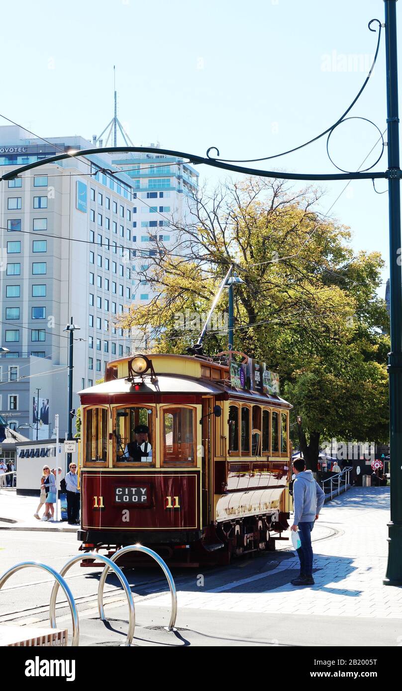 The Christchurch Tram City Tour Loop - trams historiques proposant des visites de la ville de Christchurch, Nouvelle-Zélande Banque D'Images