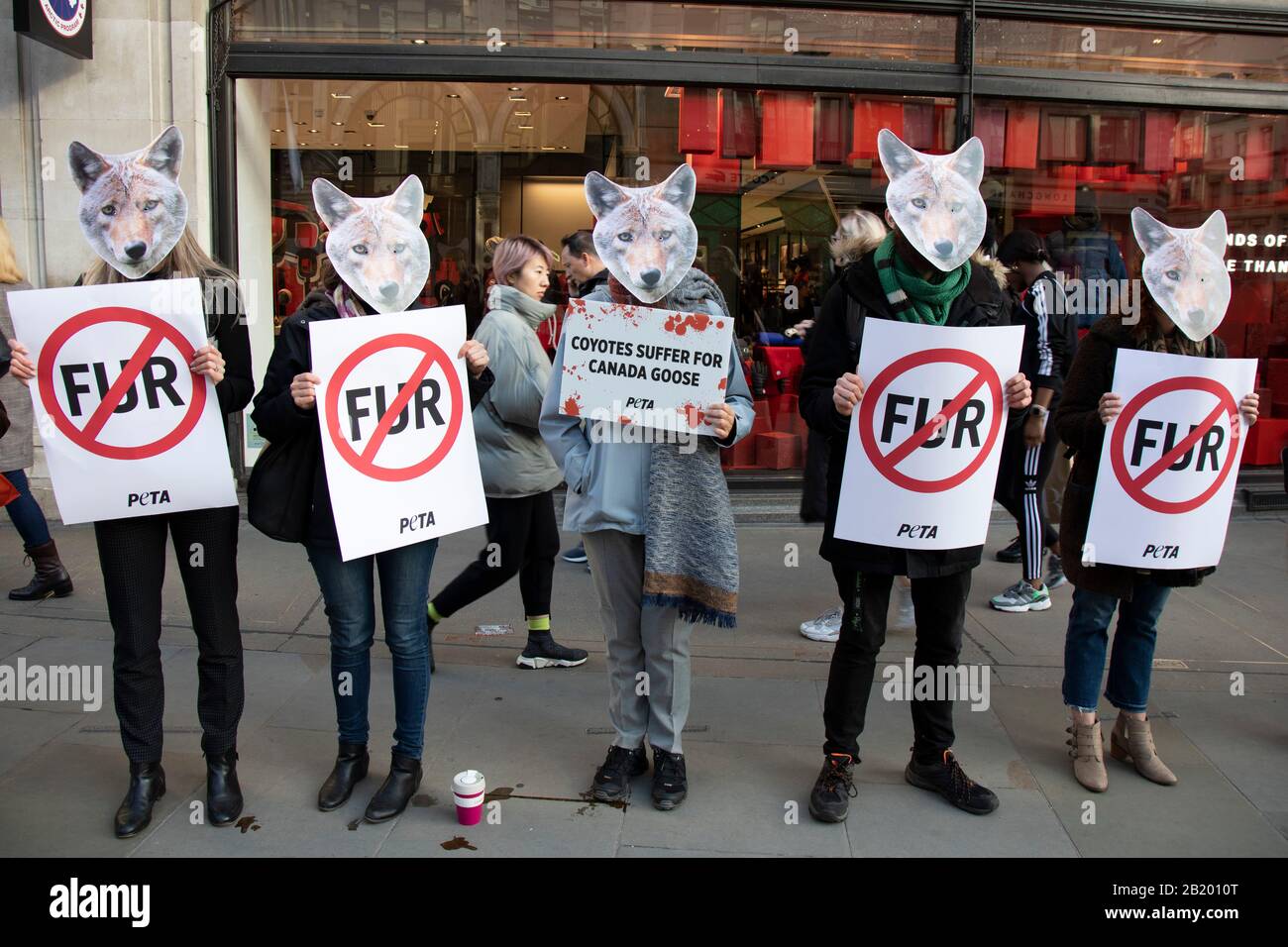 Des manifestants contre la cruauté envers les animaux portant des masques  Coyote en signe de protestation devant la boutique de la Bernache du Canada  sur Regent Street en raison de l'utilisation de