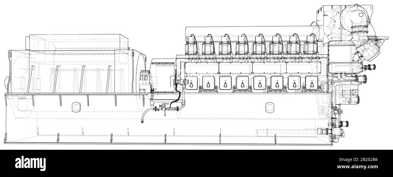 Générateur diesel. Les calques de lignes visibles et invisibles sont séparés. Format EPS10. Châssis métallique. Illustration de Vecteur