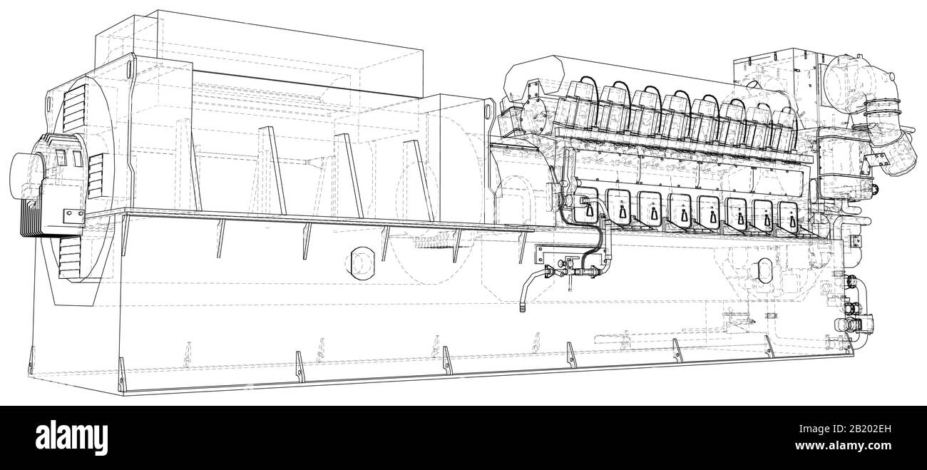 Moteur à gaz. Le moteur à gaz est un moteur à combustion interne qui fonctionne sur un carburant à gaz. Ligne de trame isolée sur blanc. Rendu vectoriel de 3. Illustration de Vecteur