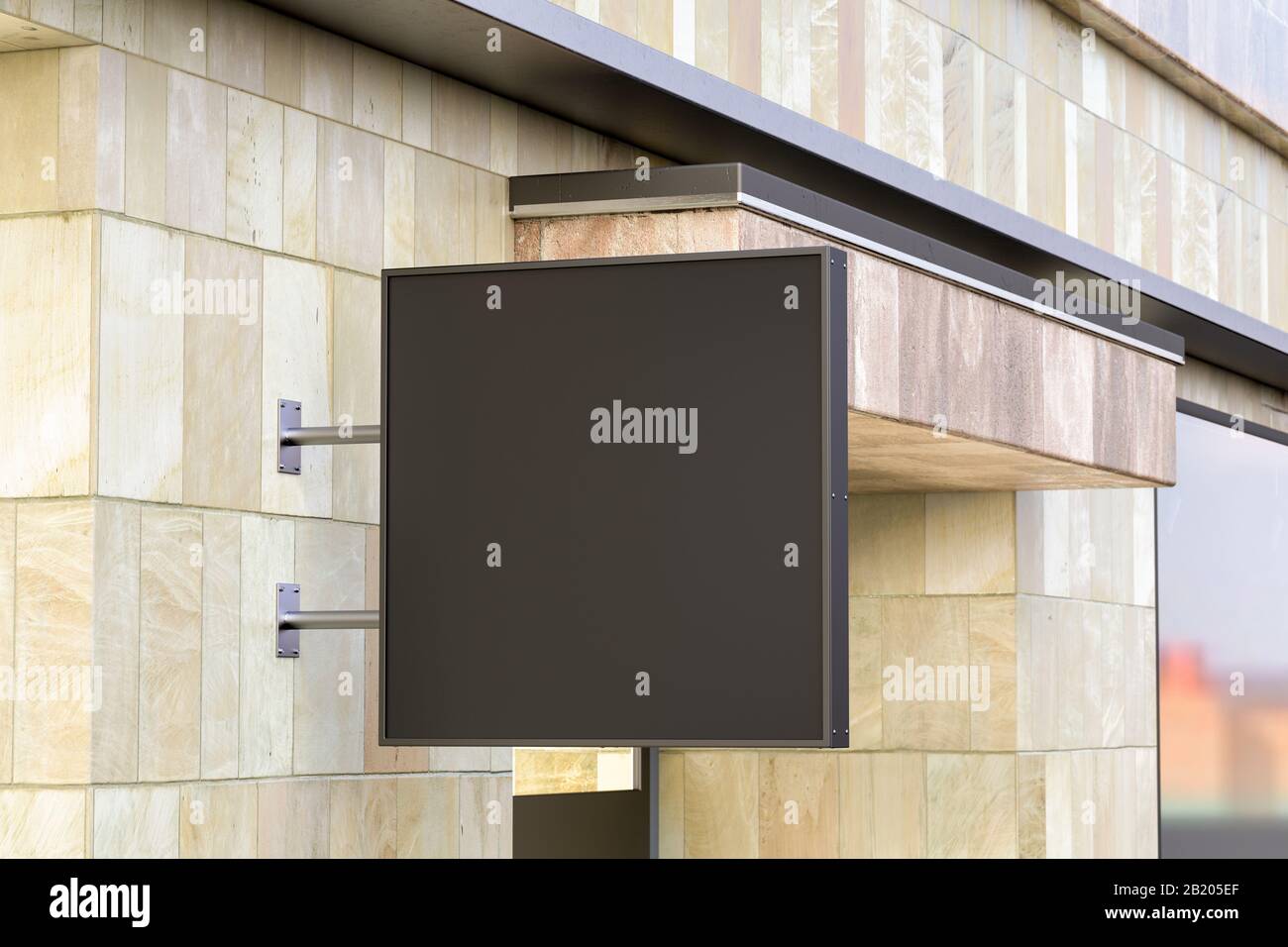 Panneau unique carré ou signalisation sur le mur en marbre avec maquette de panneau noir vierge. Vue latérale Banque D'Images