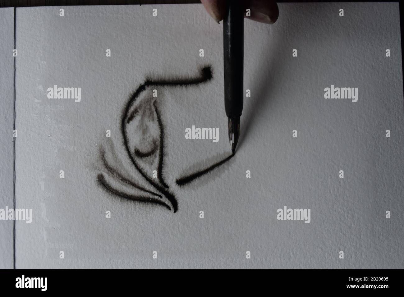 Séquence de dessin avec stylo immergé dans l'encre de l'Inde sur du papier d'aquarelle humide avec propagation de l'encre. Banque D'Images