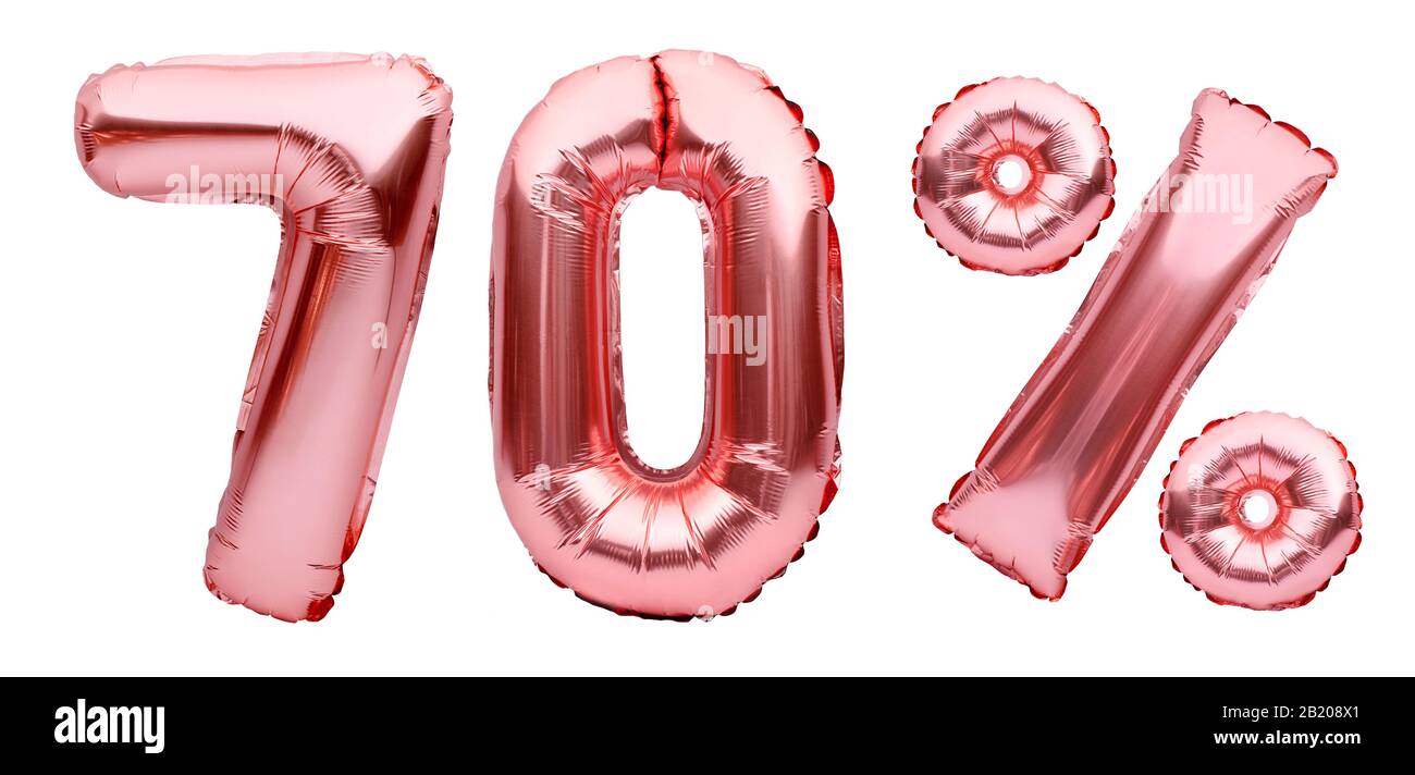 Rose or soixante-dix pour cent signe fait de ballons gonflables isolés sur blanc.Helium ballons, numéros de feuille rose.Vente décoration, noir vendredi, discothèque Banque D'Images