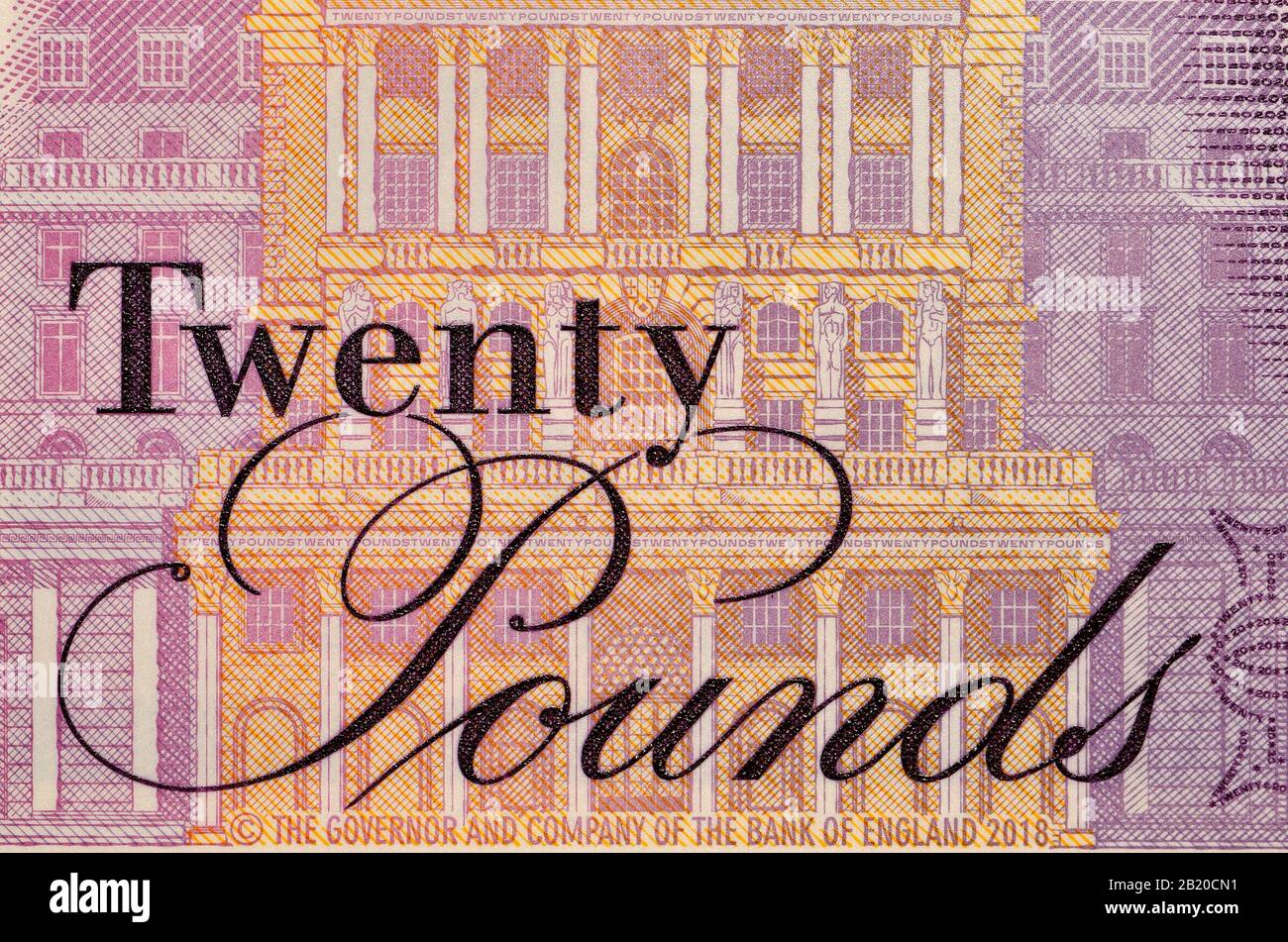 Détail du nouveau polymère britannique £20 note (fév 2020) montrant la Banque d'Angleterre Banque D'Images