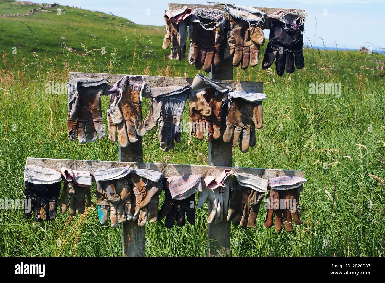 Une structure en bois avec dix-sept gants en cuir de travail portés dessus pour la décoration dehors dans le champ Banque D'Images