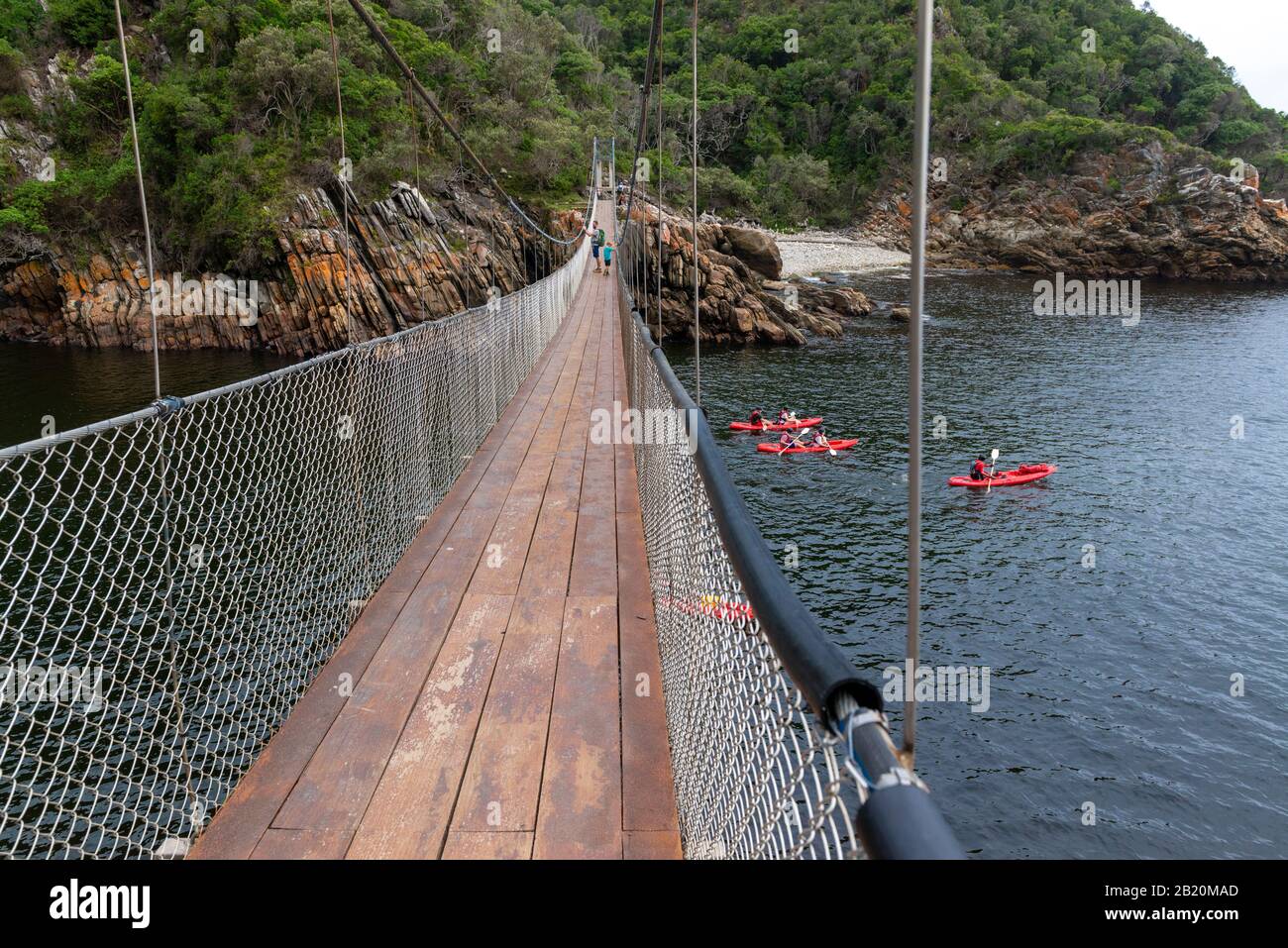 Les canoéistes paddle sous un pont suspendu à L'Embouchure De La rivière Des Tempêtes, au parc national de Tsitsikamma, sur la route du jardin, près de Port Elizabeth, en Afrique du Sud Banque D'Images