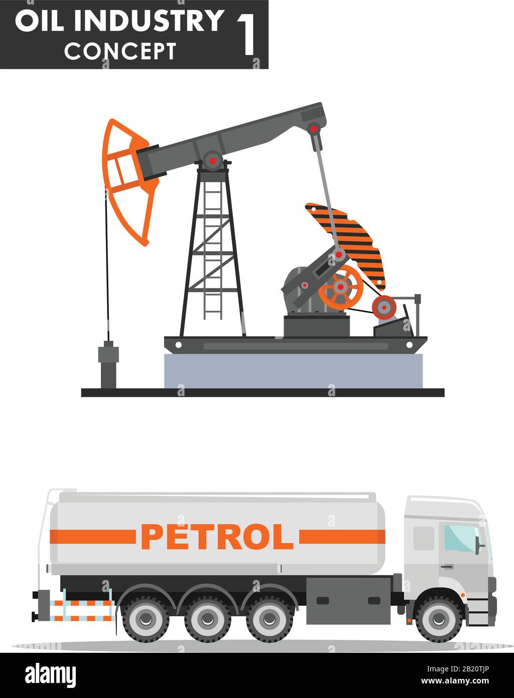 Concept de l'industrie pétrolière. Illustration détaillée du chariot à essence et de la pompe à huile de style plat sur fond blanc. Illustration vectorielle. Illustration de Vecteur