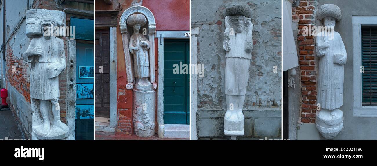 Statues en marbre d'une famille de commerçants du 13/14 siècle, Campo dei Mori dans le quartier de Cannaregio, Venise, Vénétie, Italie Banque D'Images