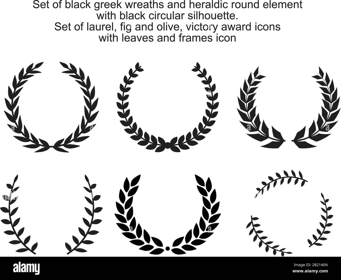 Ensemble de couronnes grecques noires et d'éléments ronds héraldiques avec silhouette circulaire noire. Ensemble de laurier, figue et olive, symboles de victoire avec feuilles an Illustration de Vecteur