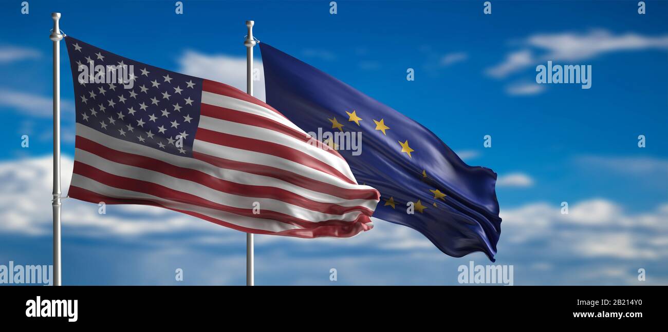 Relation entre les Etats-Unis et l'UE. L'Union européenne et les États-Unis d'Amérique drapeaux agitant sur les poteaux, le ciel bleu avec des nuages de fond. illustration tridimensionnelle Banque D'Images
