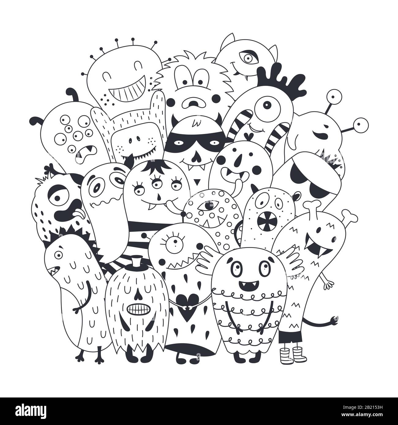Mignons monstres dessinés à la main sur un fond blanc. Affiche noire et blanche drôle avec des monstres d'art de ligne. Illustration de Vecteur