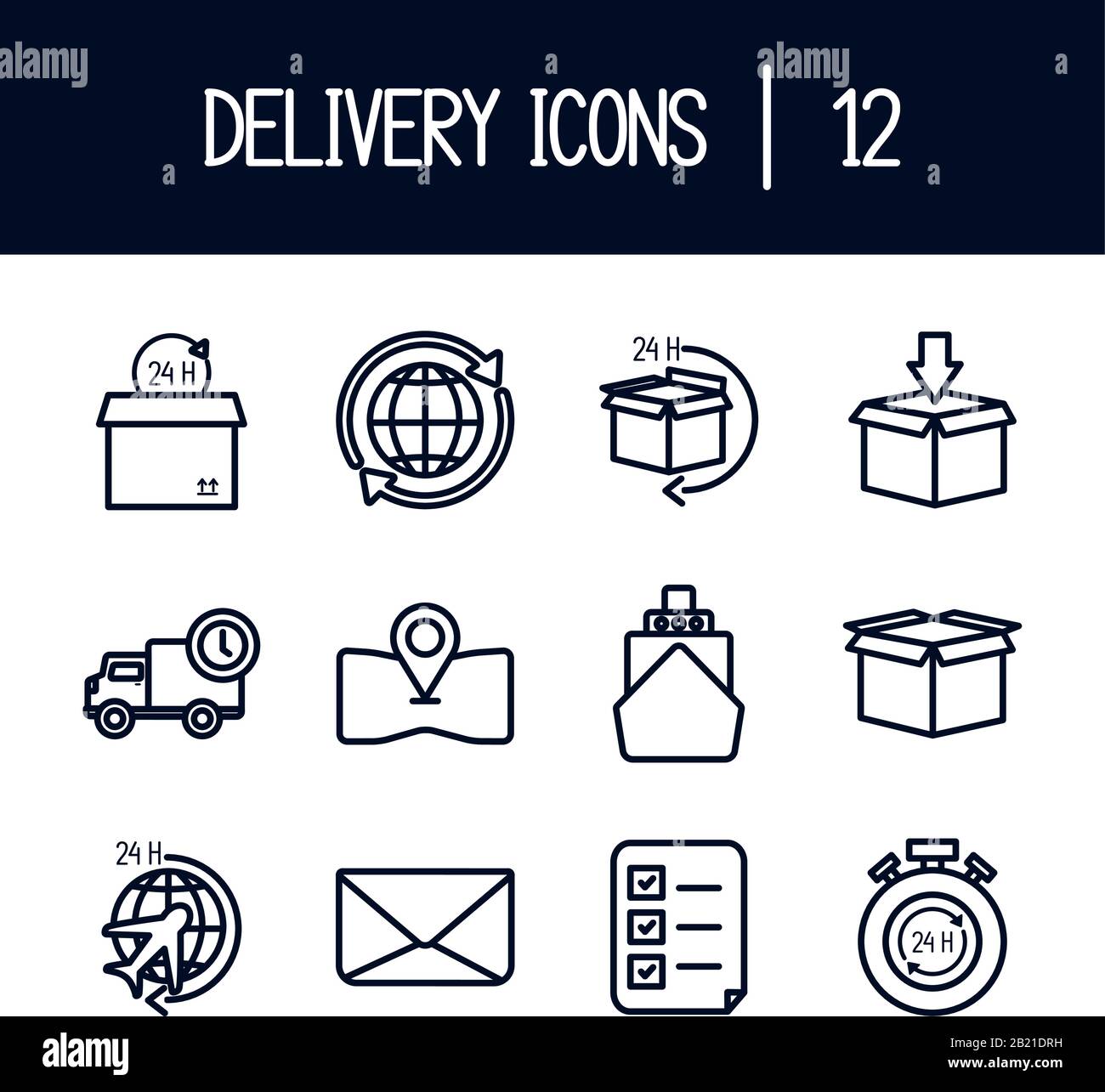 Design de l'ensemble d'icônes de style 12 lignes, secteur de l'entrepôt de services de transport logistique de livraison et illustration vectorielle de thème mondial Illustration de Vecteur