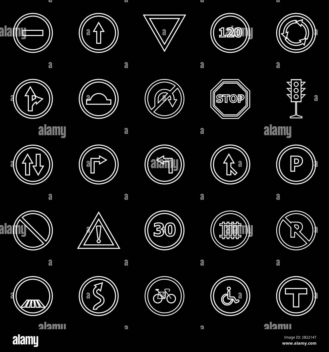 Icônes de ligne de signalisation routière sur fond noir, vecteur de stock Illustration de Vecteur