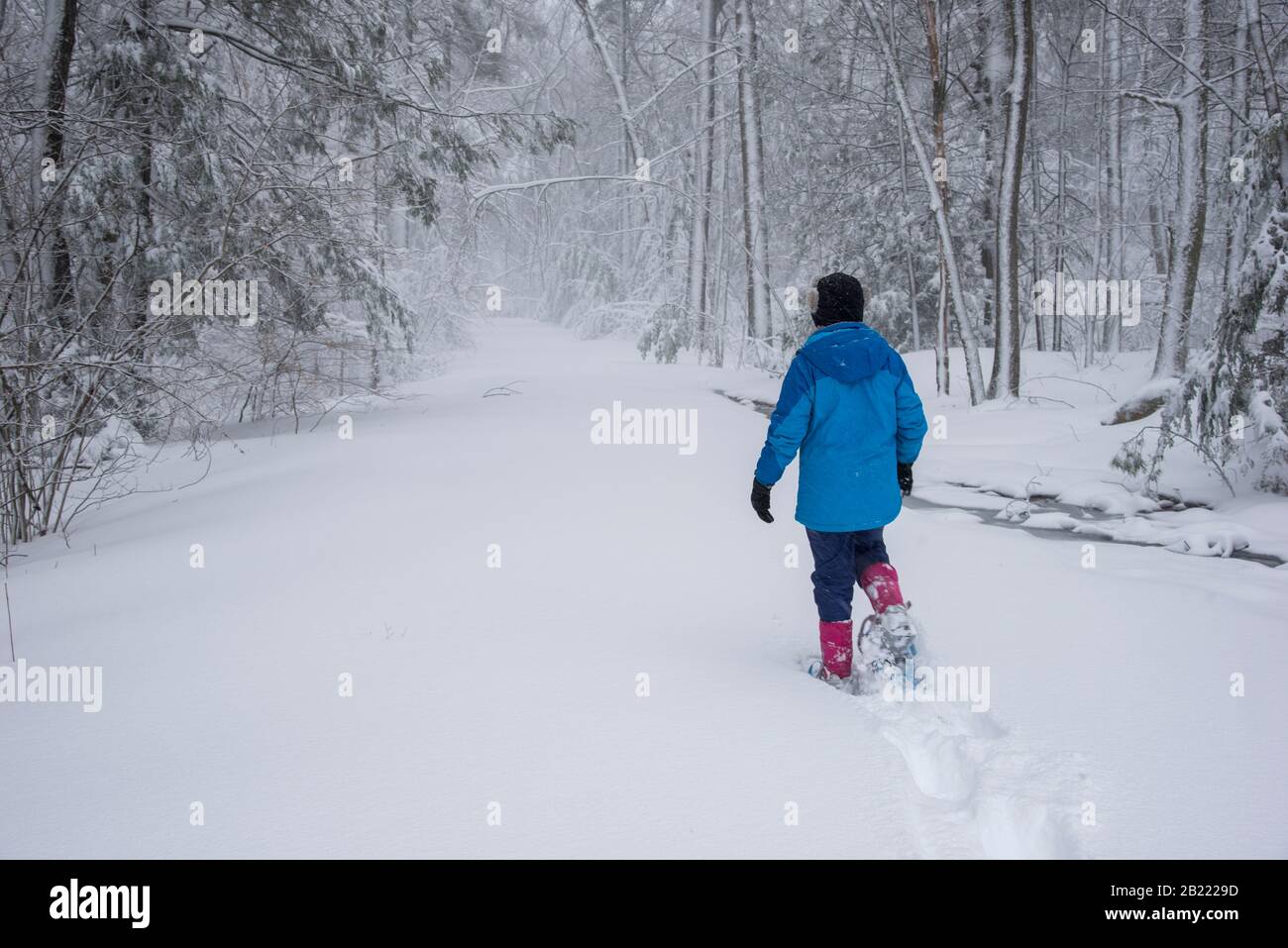 Une adolescente sur des raquettes marche seule dans la neige profonde sur une route enneigée. Banque D'Images