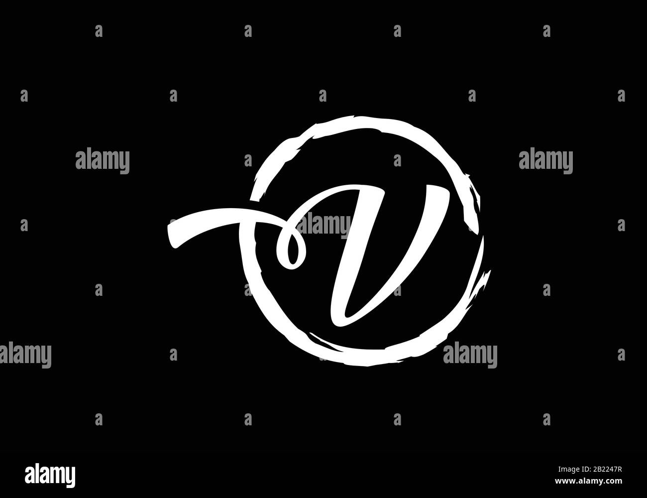 Script lettre V dans un cercle de pinceau sur fond noir, Monogram Calligraphie initiales de l'alphabet dessiné à la main et cercle de pinceau. Illustration de Vecteur