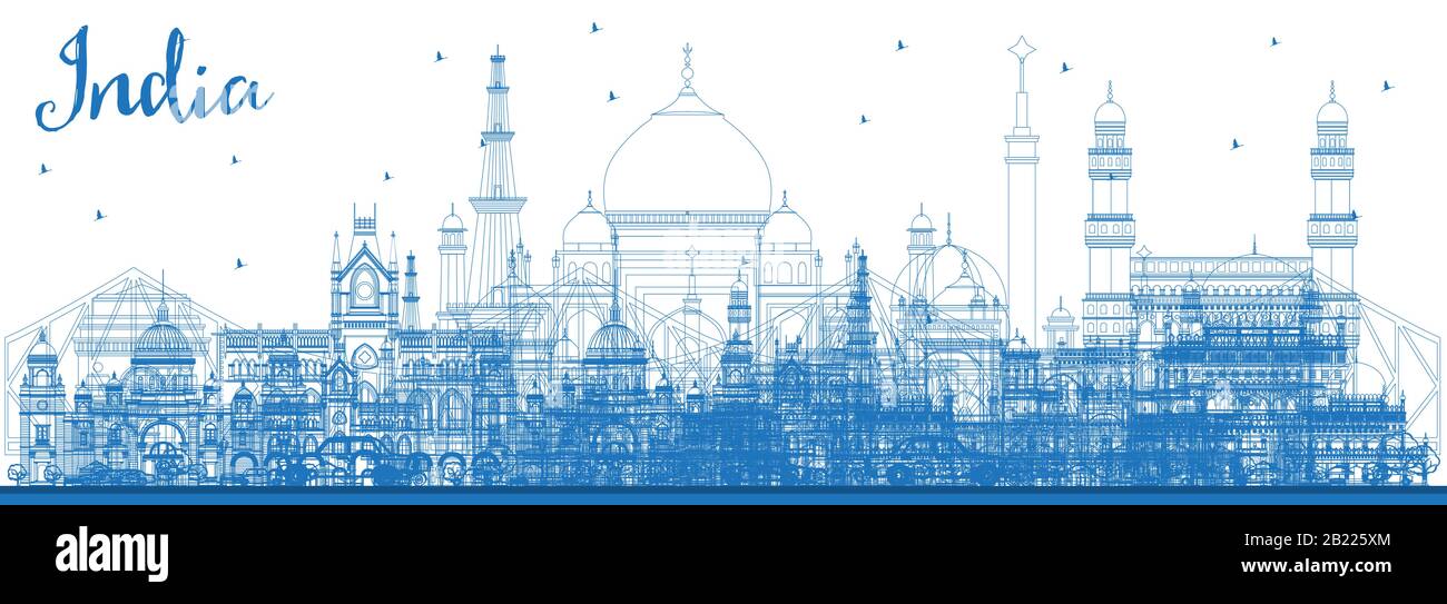 Contours India City Skyline Avec Blue Buildings. Delhi. Hyderabad. Kolkata. Illustration Vectorielle. Concept de voyage et de tourisme avec des bâtiments Célèbres. Illustration de Vecteur