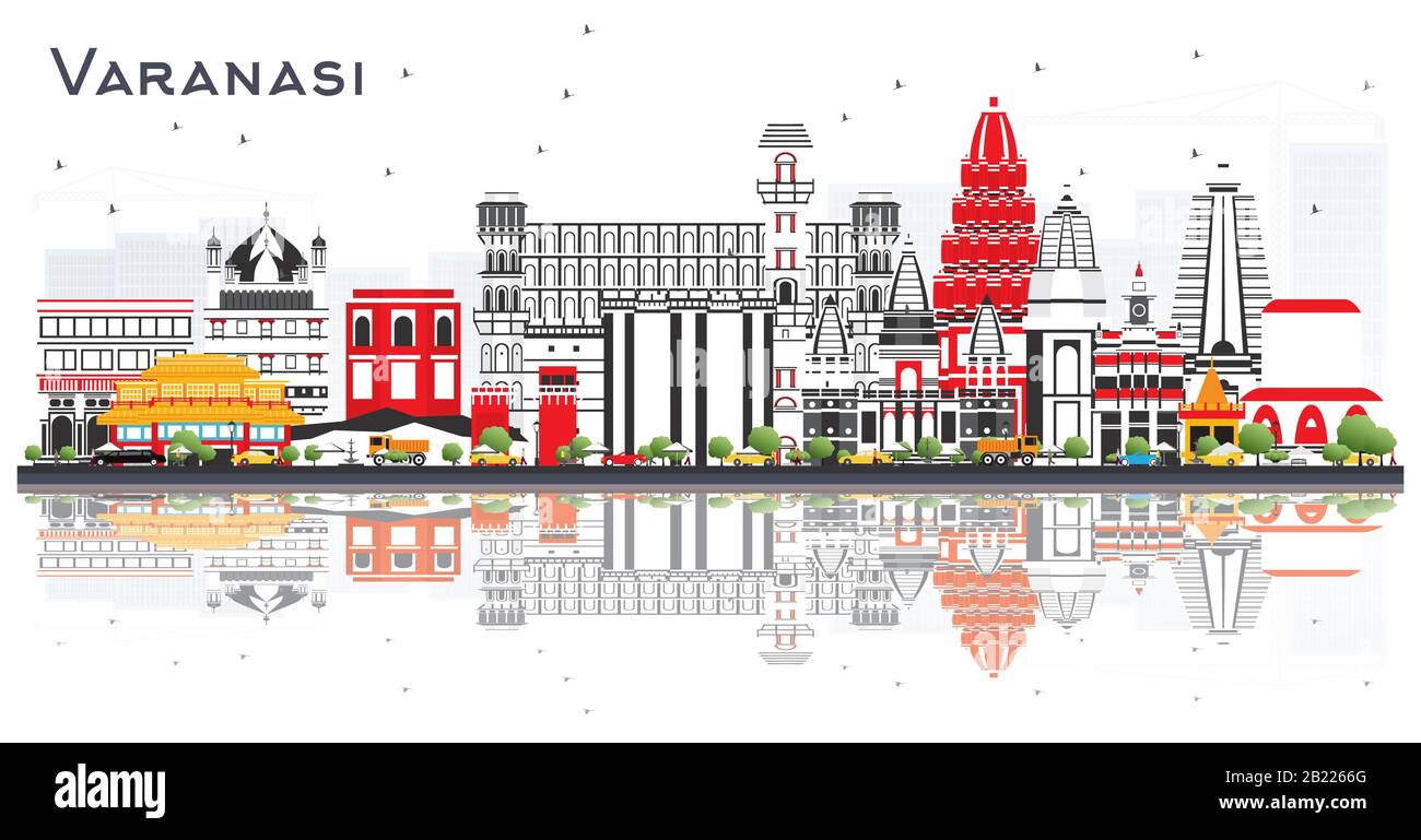 Varanasi India City Skyline Avec Bâtiments Couleur Et Réflexions Isolés Sur Blanc. Illustration Vectorielle. Concept De Voyages D'Affaires Et De Tourisme. Illustration de Vecteur