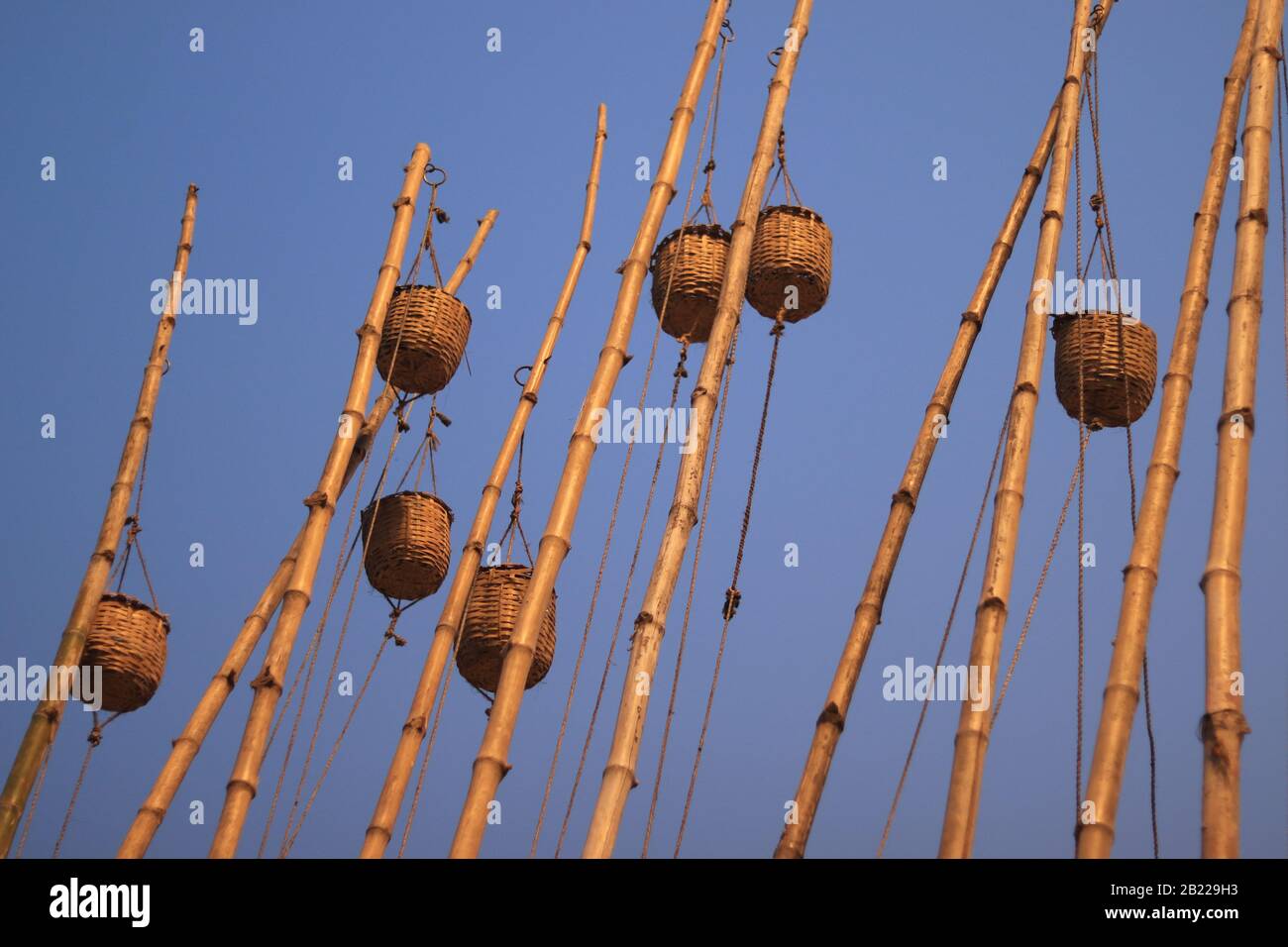 Bâtons de bambou avec offre pour Ganga River à l'intérieur des paniers sur le dessus Banque D'Images