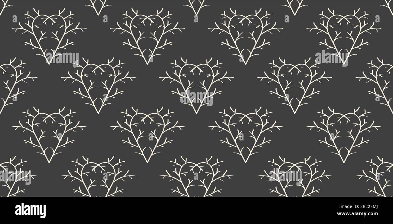 Motif sans couture en branches d'arbre coeurs. Monochrome, minimaliste, triste motif de jour de Valentin Illustration de Vecteur