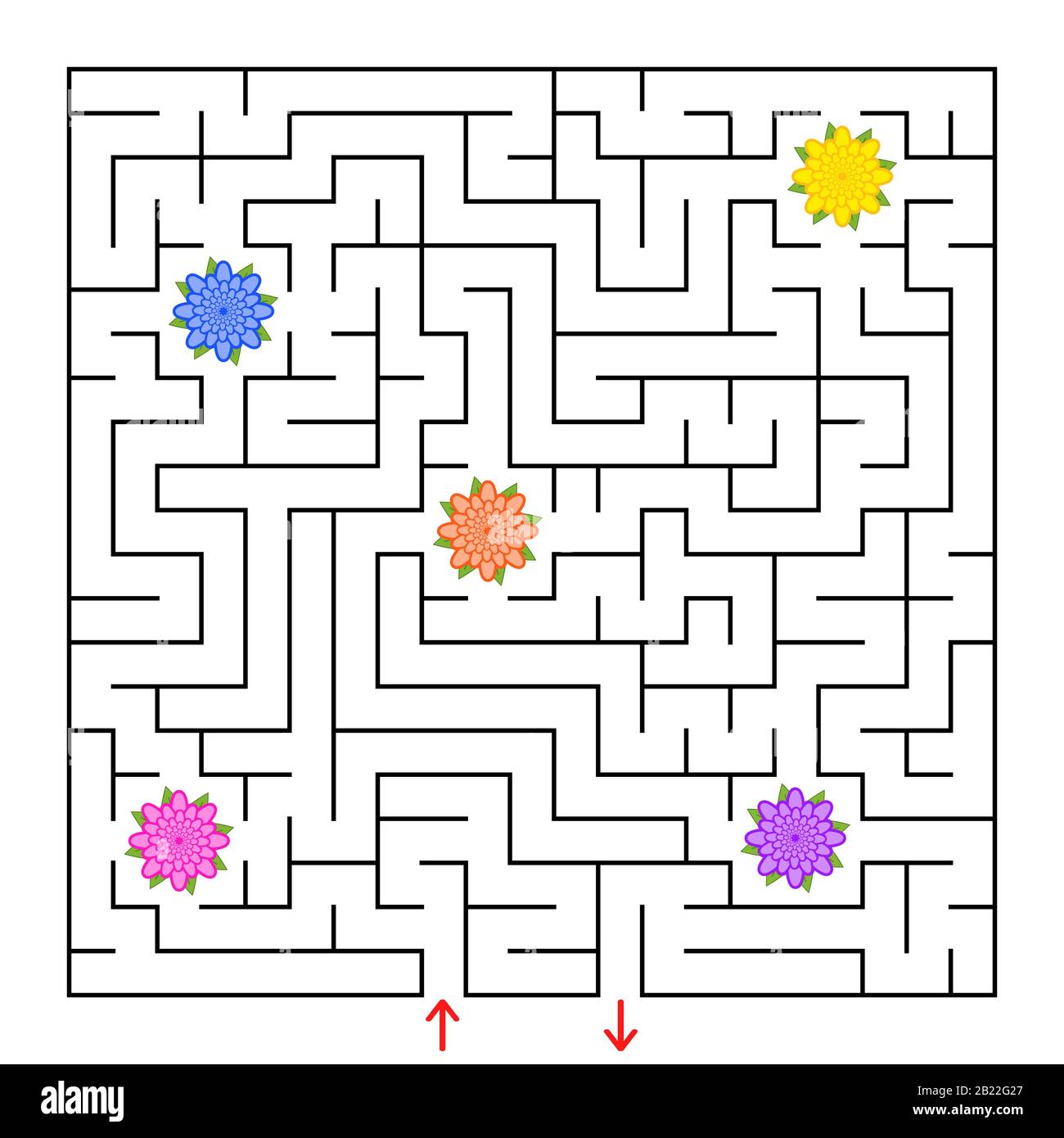 Un labyrinthe carré. Recueillir toutes les fleurs et trouver un moyen de sortir du labyrinthe Un labyrinthe carré. Recueillir toutes les fleurs et trouver un moyen de sortir du labyrinthe