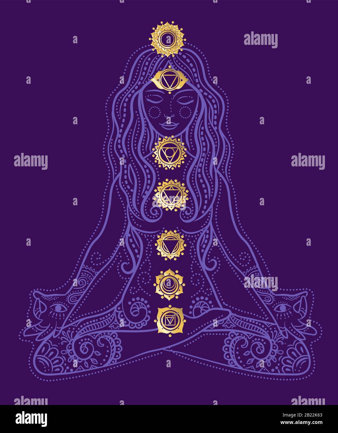 concept de style de vie sain sous la forme d'une femme faisant du yoga, assis dans lotus pose et icônes chakras sur elle. Icône fille faite de boho de culture indienne Illustration de Vecteur