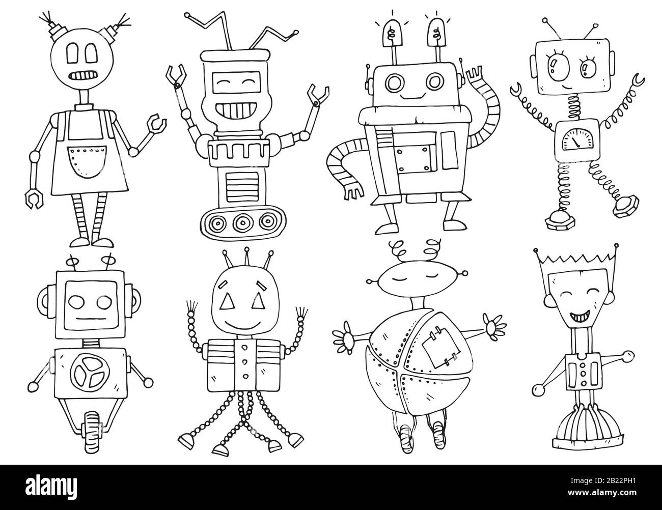 Dessins animés robots rétro drôles dans un style vintage. Ensemble d'illustrations vectorielles. Illustration de Vecteur