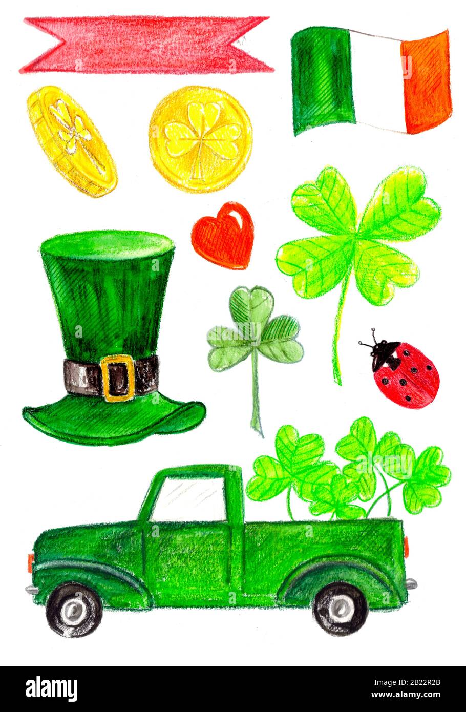 ensemble pour saint patrick jour, voiture verte, chapeau, feuilles de trèfle, drapeau irland, coccinelle, coeur, pièces de monnaie. Banque D'Images