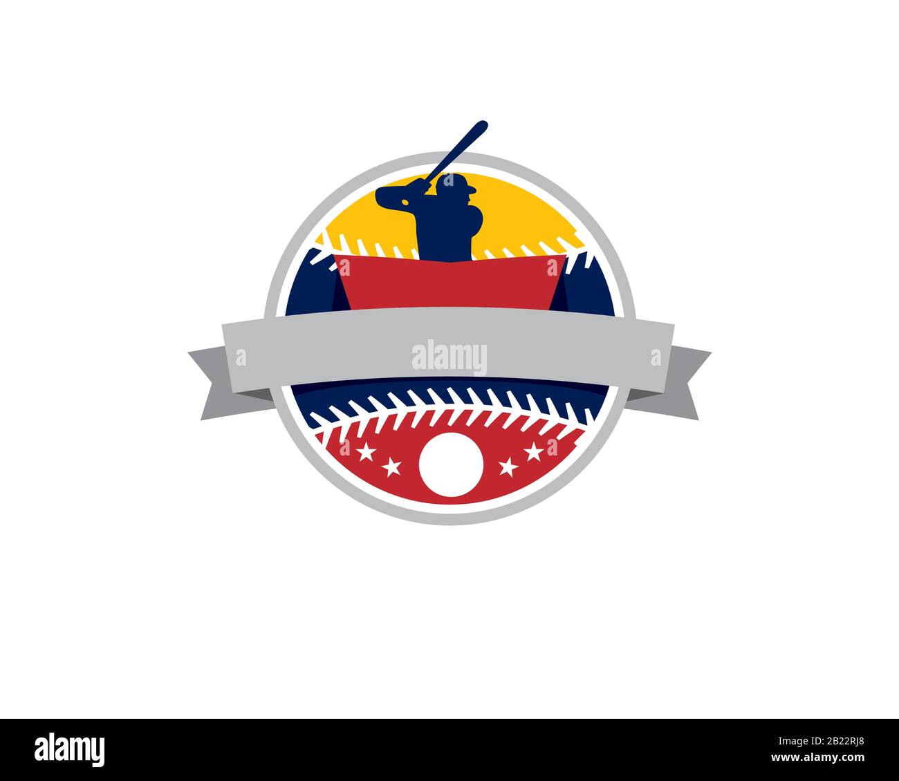 emblème logo du bras de basket-ball avec athlète masculin tenir la batte prête à frapper la balle à l'intérieur de la forme ronde de balle avec ruban Illustration de Vecteur