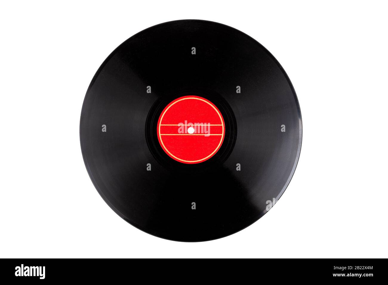 Modèle d'enregistrement en vinyle clair, simple et propre, disque avec une étiquette rouge vierge et vide isolée sur un espace de copie blanc. Conception en vinyle découpée Banque D'Images