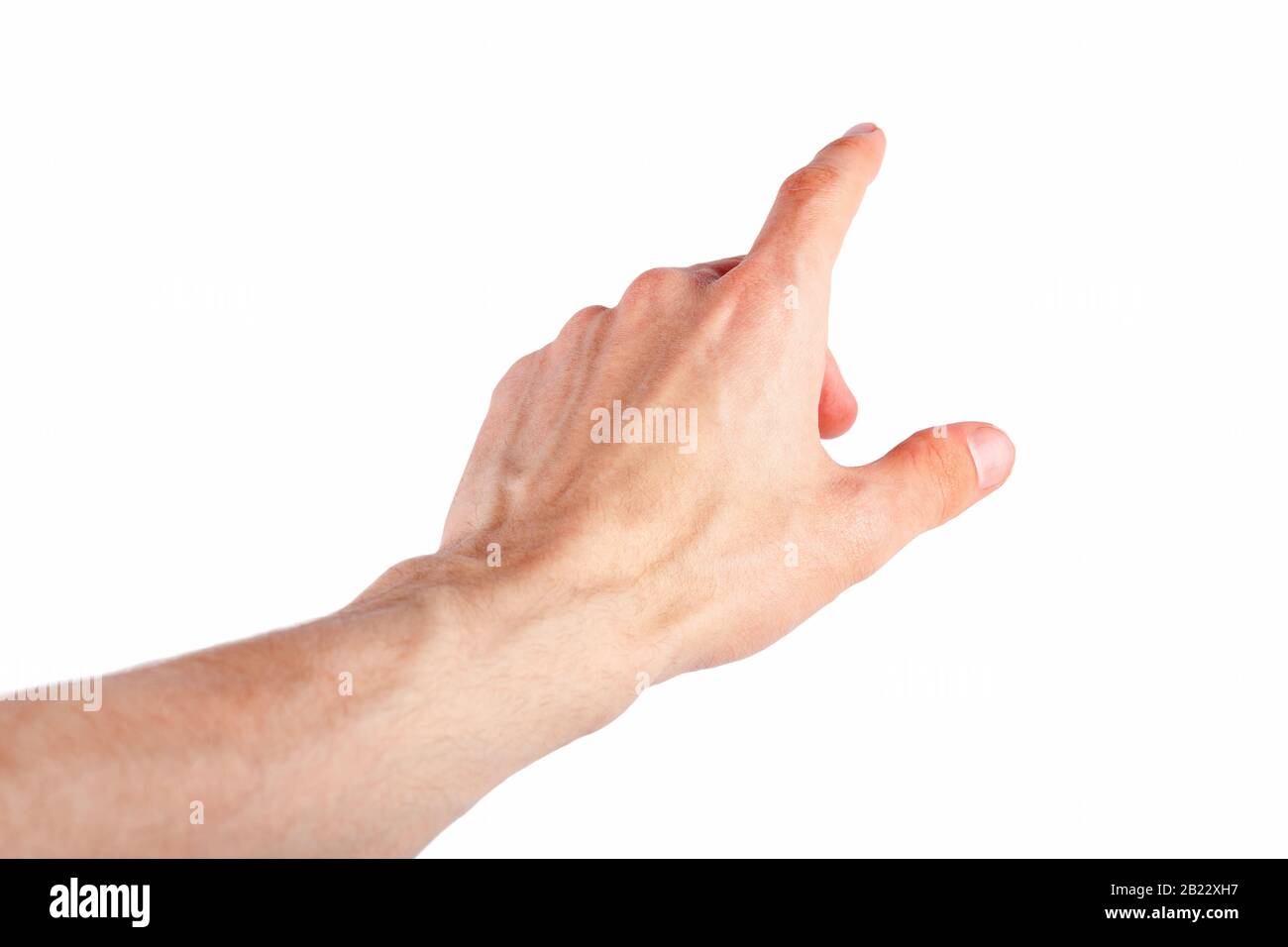 Doigt humain pointant vers l'extérieur, en appuyant sur l'écran naturel geste isolé sur fond blanc, coupé. Interaction avec les médias, montrant quelque chose Banque D'Images