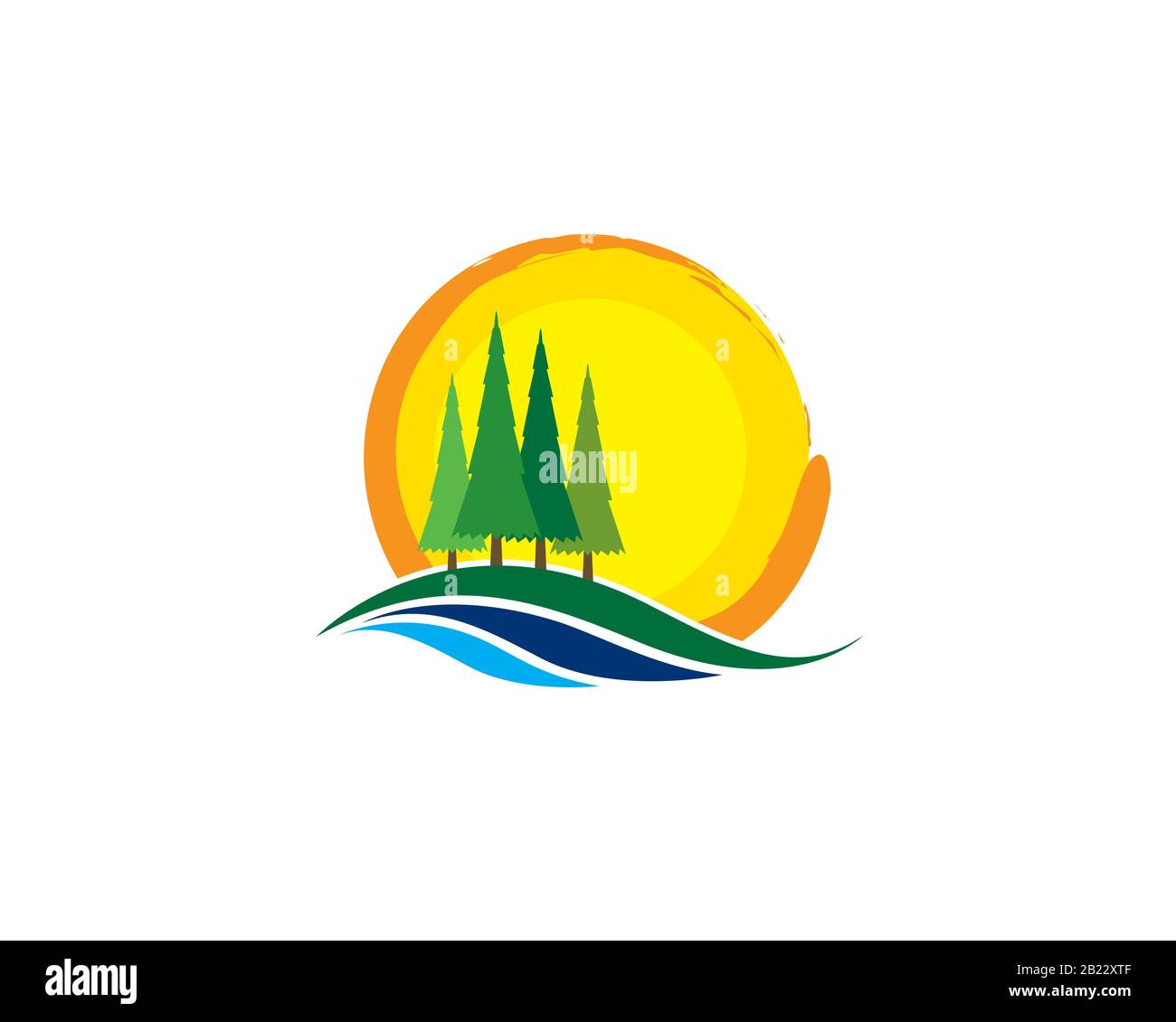 campagne vue sur la montagne landscape avec prairie de pin de terre forme des arbres et du cercle abstrait Illustration de Vecteur