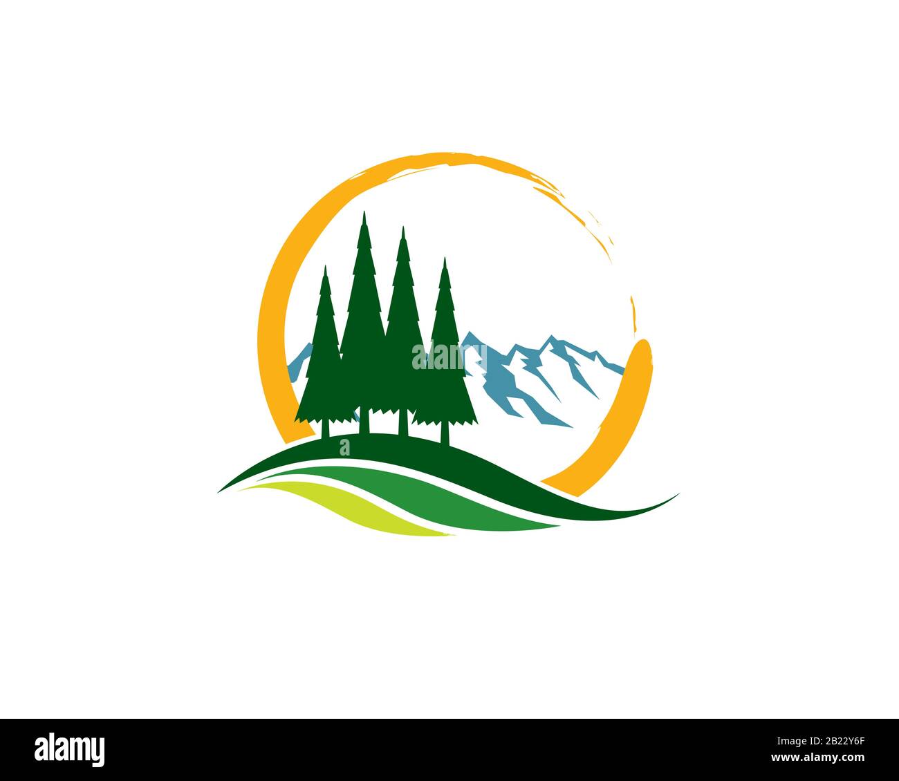 campagne vue sur la montagne landscape avec prairie de pin de terre forme des arbres et du cercle abstrait Illustration de Vecteur