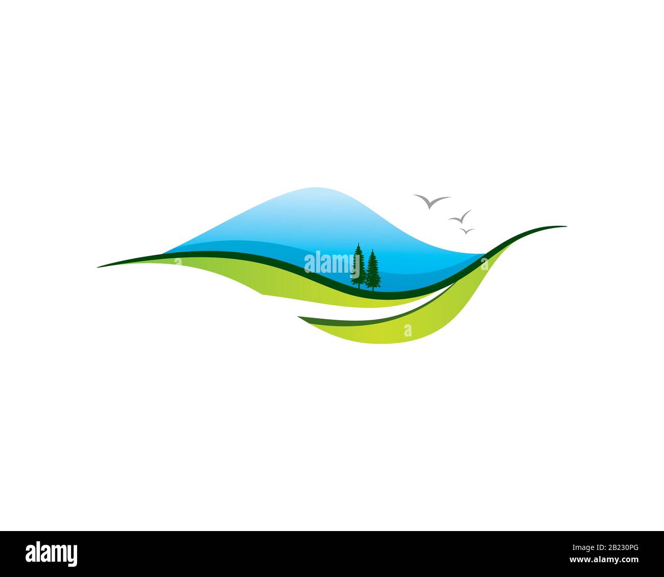 bleu montagne collines prairie et rivière paysage naturel avec oiseaux Illustration de Vecteur