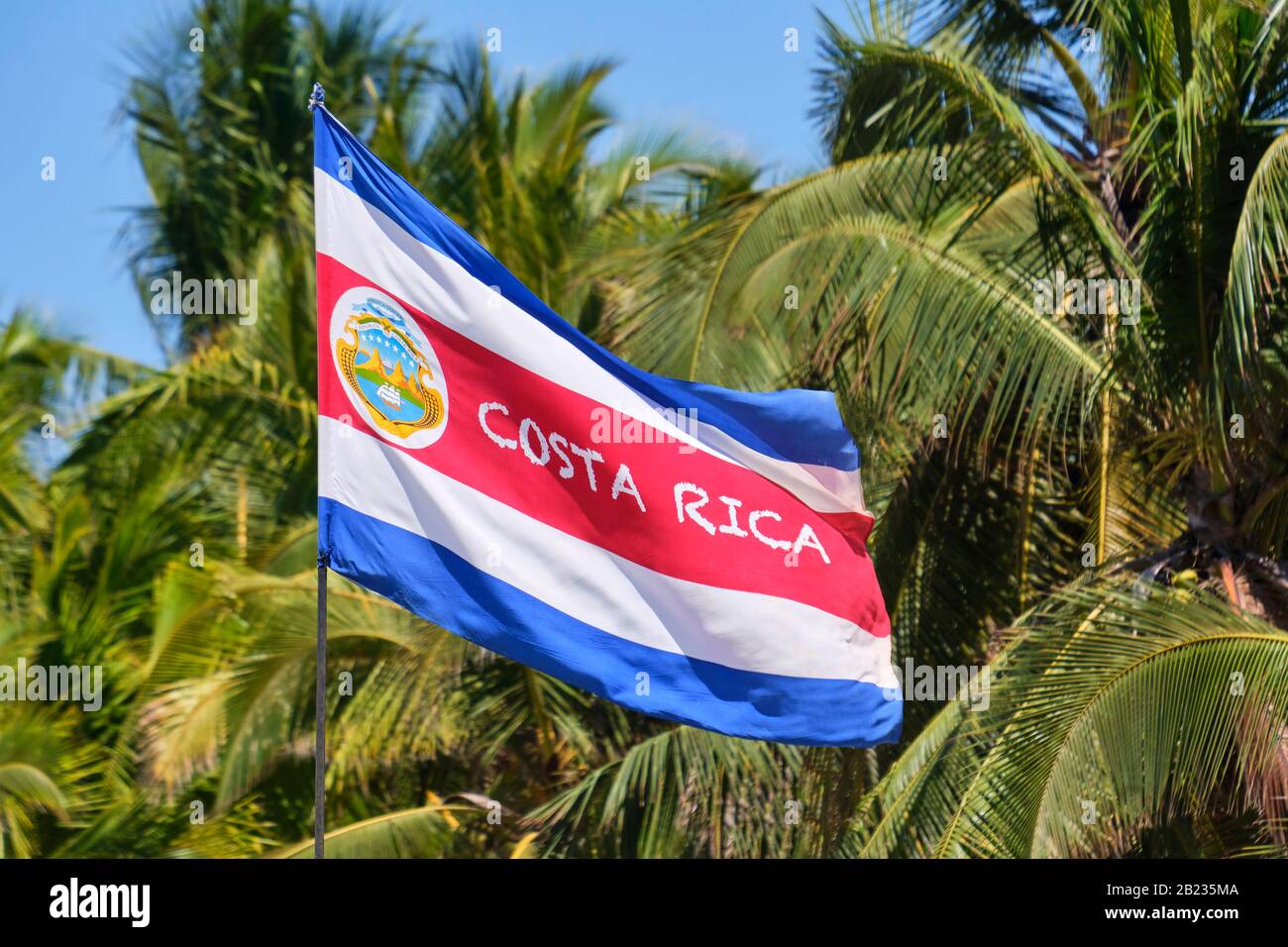 Un drapeau non officiel du Costa Rica, avec le nom du pays imprimé dessus, vole sur une plage avec un beau fond de palmiers verts luxuriants et bleu Banque D'Images
