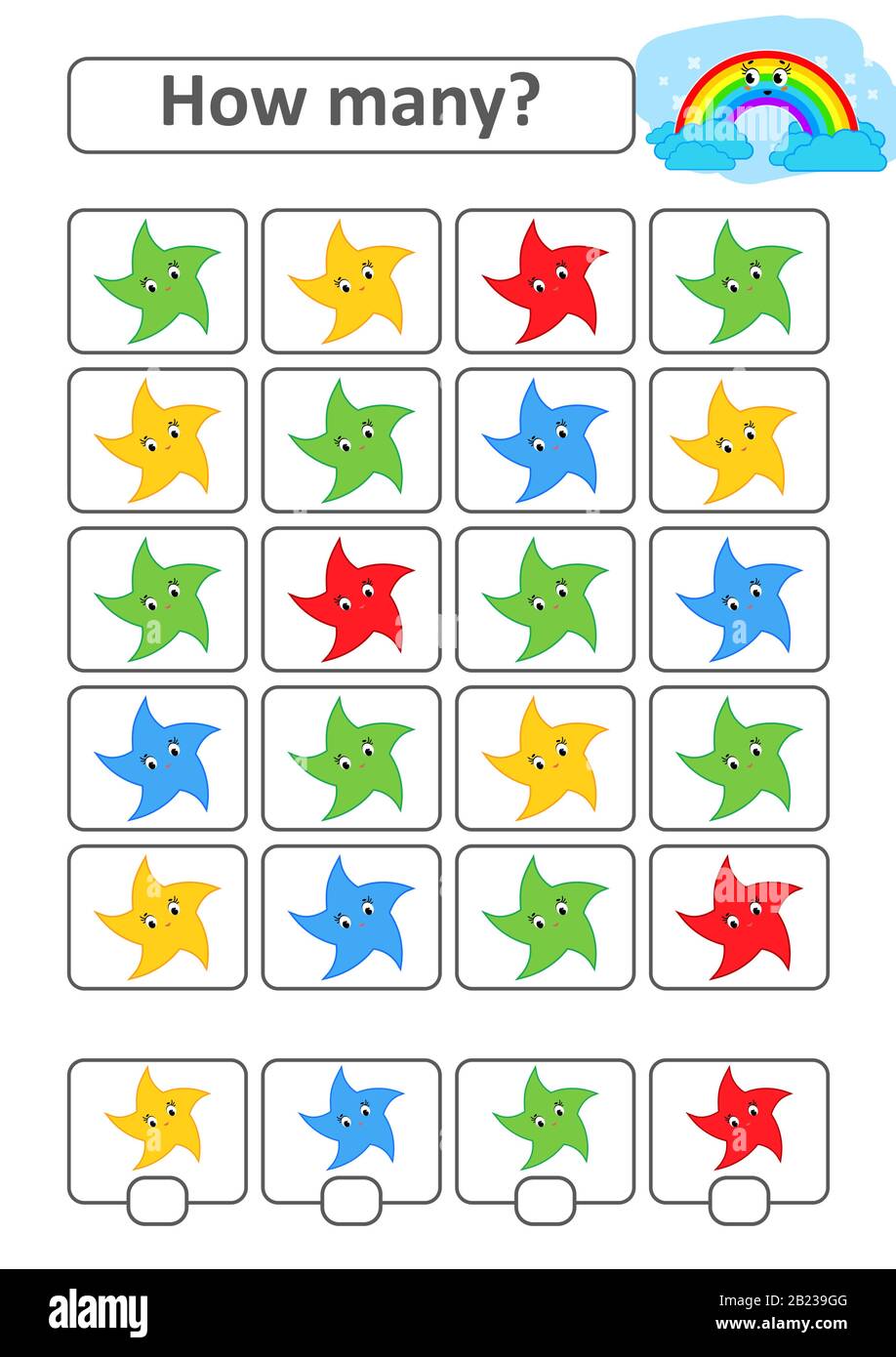 Jeu de comptage pour enfants d'âge préscolaire pour le développement de capacités mathématiques. Combien d'étoiles de différentes couleurs. Avec un endroit pour les réponses. Simp Illustration de Vecteur