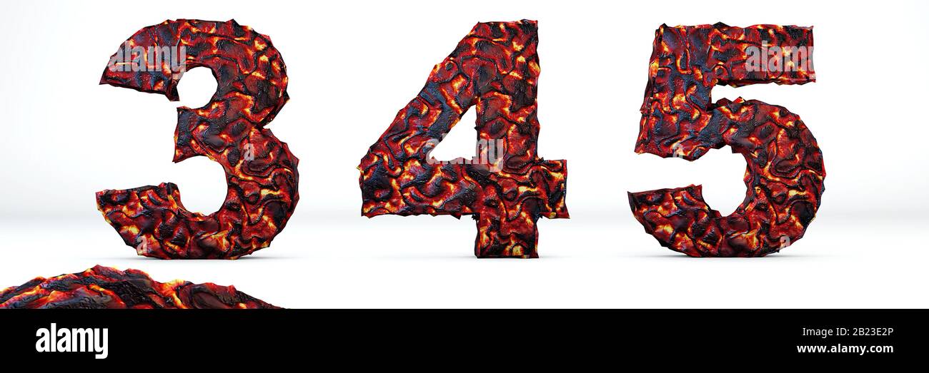 Lettres volcaniques numéros 3, 4, 5. Rendu tridimensionnel de lave à combustion blanche de police volcanique isolée sur fond blanc. Banque D'Images