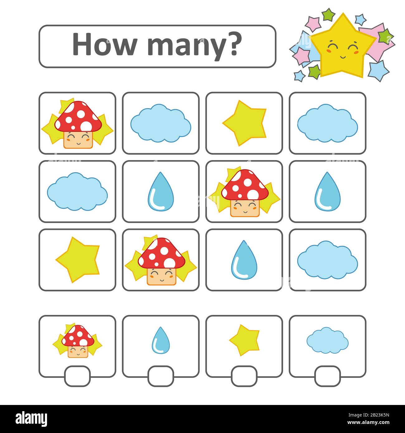 Jeu de comptage pour enfants d'âge préscolaire. Comptez autant d'objets dans l'image. Champignons, nuage, goutte, étoile. Avec un endroit pour les réponses. Isolation plate simple Illustration de Vecteur
