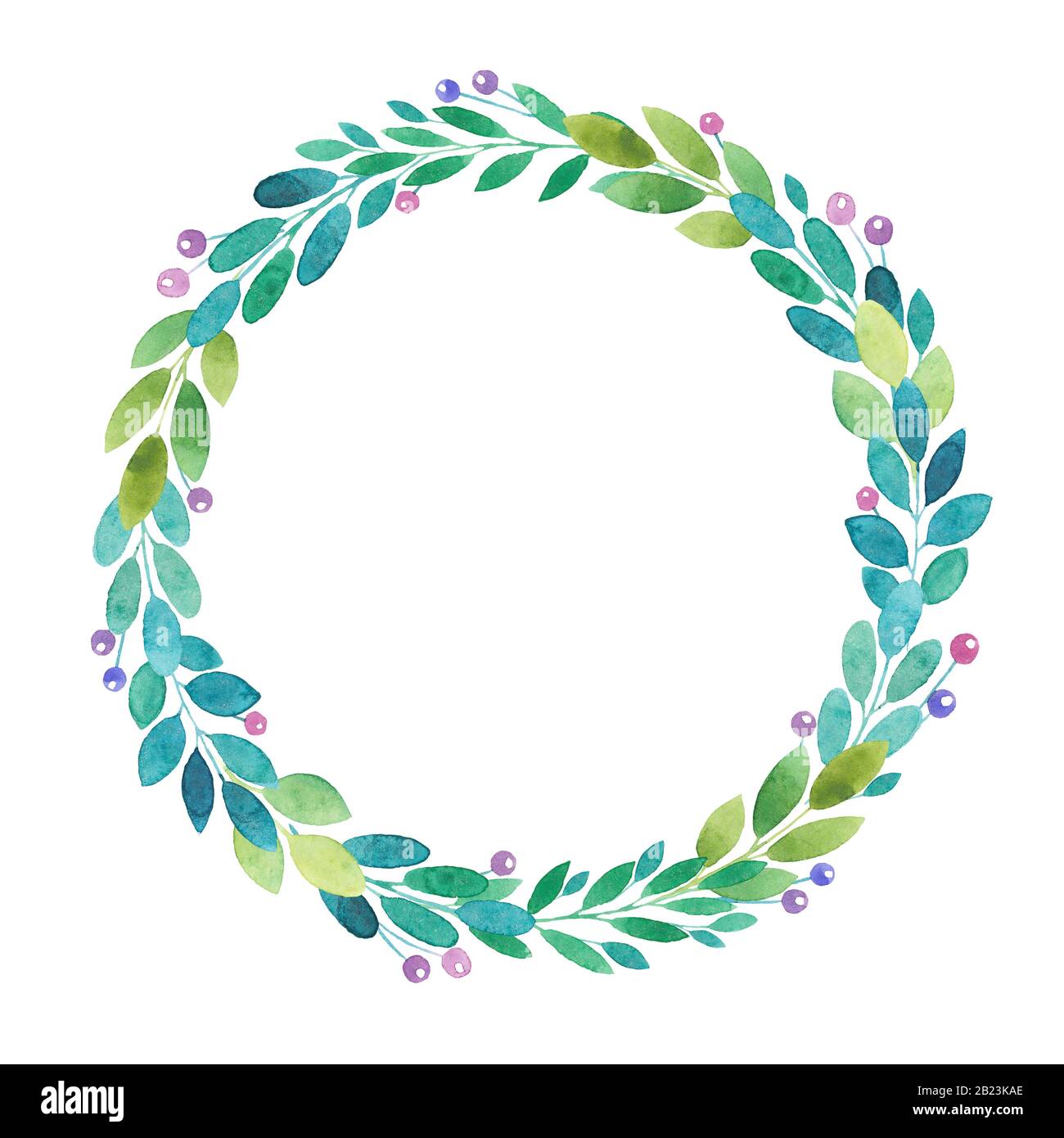 Guirlande verte de printemps de brindilles, baies et feuilles, espace de copie, carte de voeux, isolée sur blanc Banque D'Images