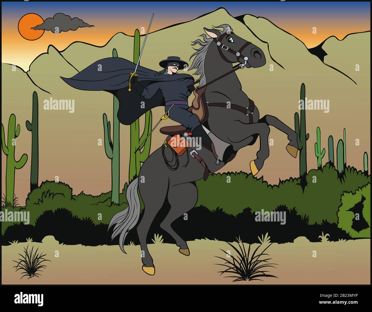 Illustration de style dessin animé: Zorro à cheval dans le désert Banque D'Images