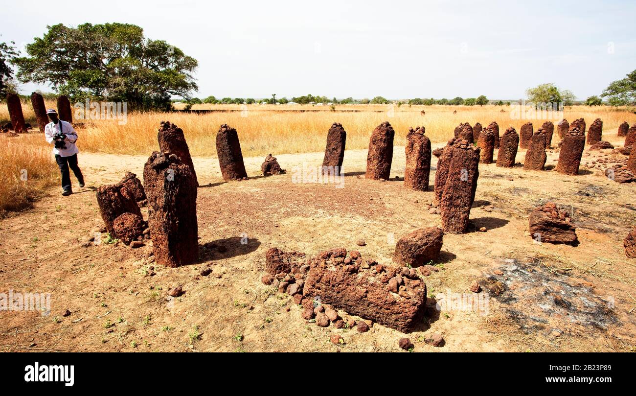 Plusieurs cercles faisant partie du complexe Wassu Stone Circle, sites de sépulture de l'âge du fer, Gambie. Banque D'Images