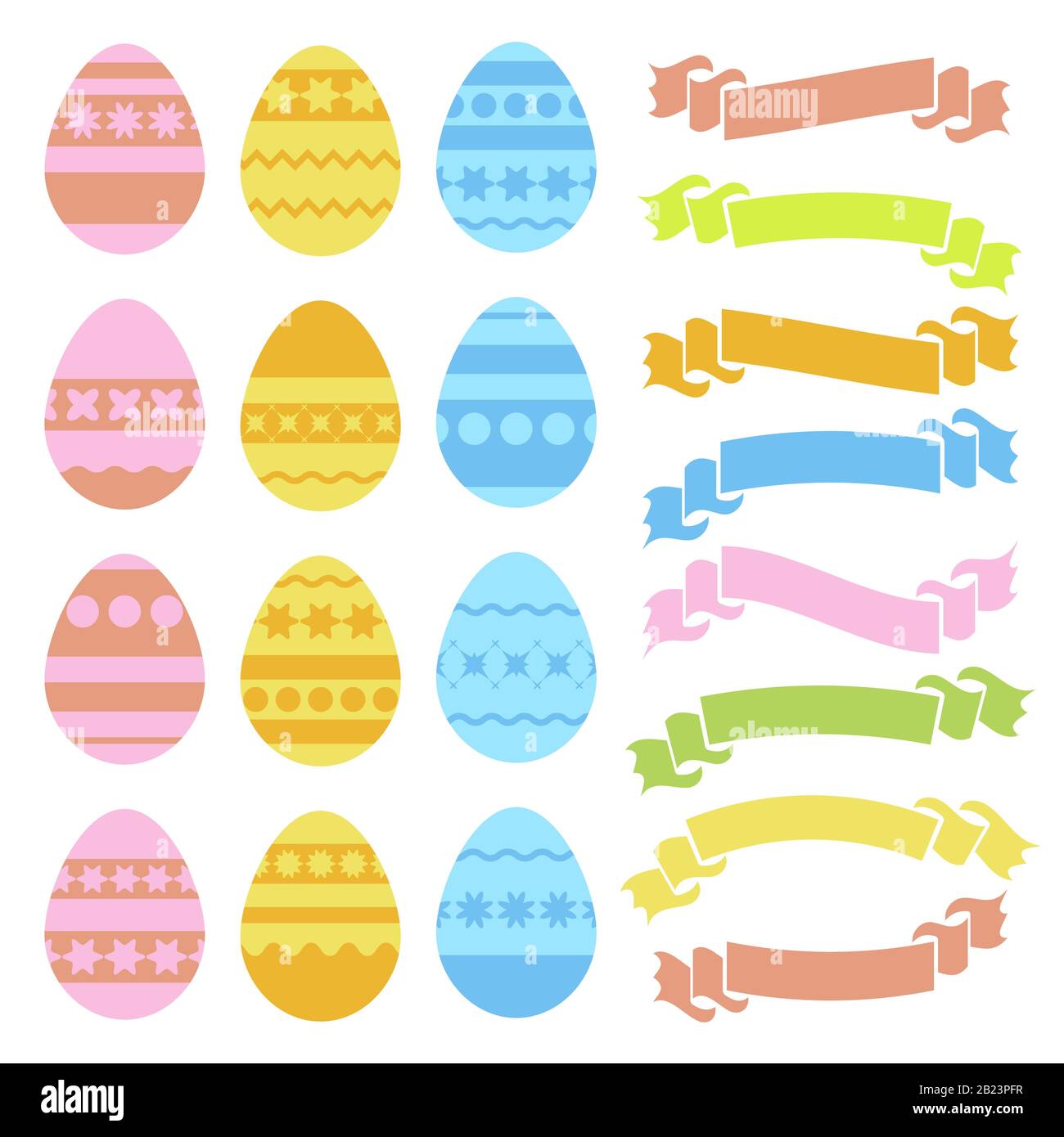 Jeu d'œufs de Pâques isolés de couleur et de banderoles en ruban sur fond blanc. Avec un motif abstrait. Illustration vectorielle plate simple. Adapté à de Illustration de Vecteur